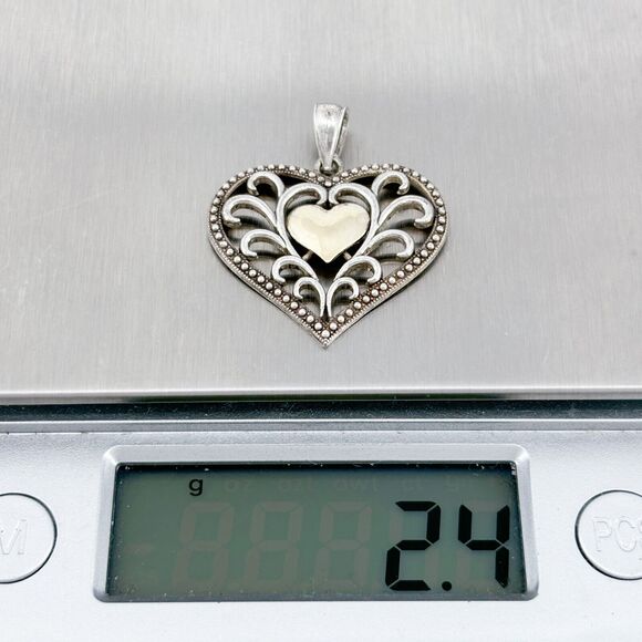 Vintage Sterling Silver 925 & 10K Gold Heart Filigree Scroll Pendant - Picture 7 of 7